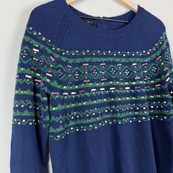 Talbots Jeweled Sweater Womens Large Petite Blue Fair Isle Crewneck Rhinestones - Picture 3 of 8